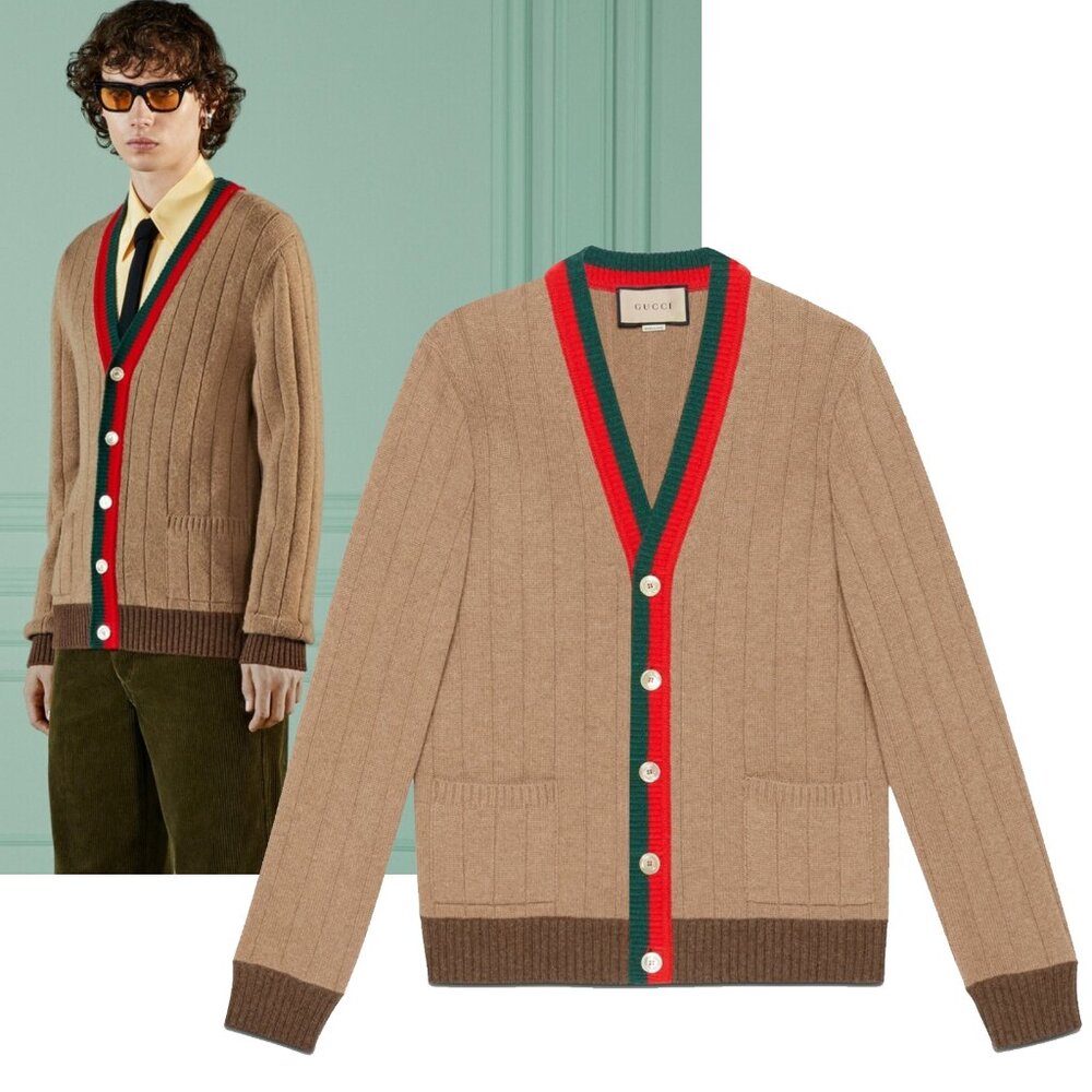 GUCCI MENS SWEATER RIB KNIT CAMEL HAIR CARDIGAN w WEB sz S SMALL